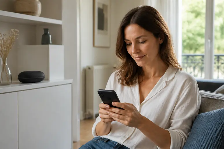 Une femme consulte son smartphone à côté d'une centrale d'alarme connectée Qiara dans un salon lumineux.