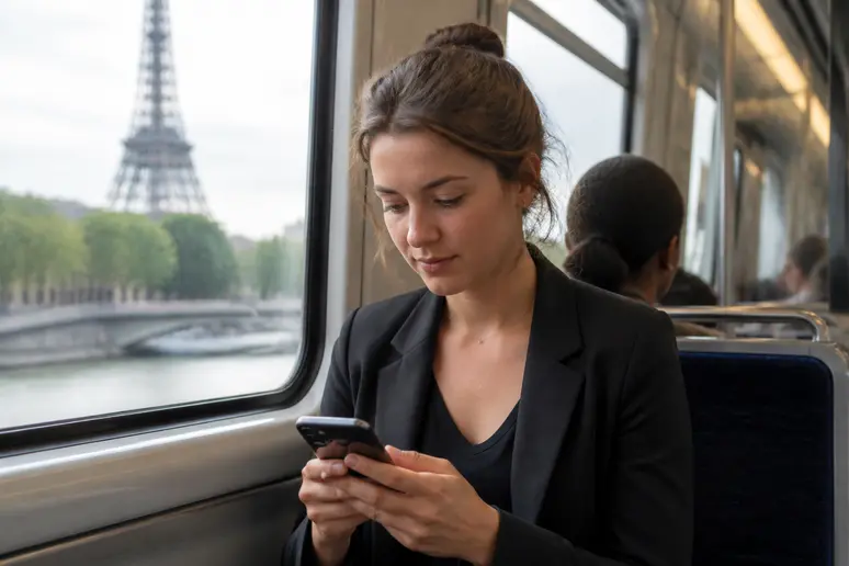 Une jeune femme utilise AnkiDroid sur son smartphone dans le RER parisien, optimisant son temps de trajet pour apprendre.