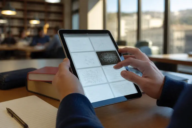 Les mains d'un étudiant à la bibliothèque de Lyon utilisent une tablette AnkiDroid avec des cartes multimédia, illustrant ses fonctionnalités riches.