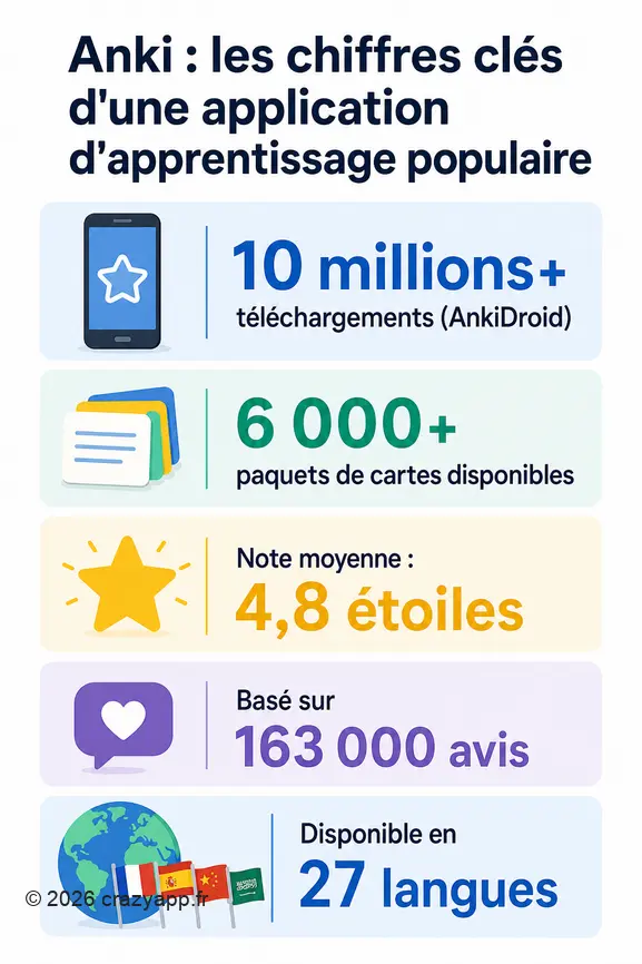 L'infographie présente des statistiques clés sur l'application AnkiDroid, soulignant son succès et sa portée internationale.