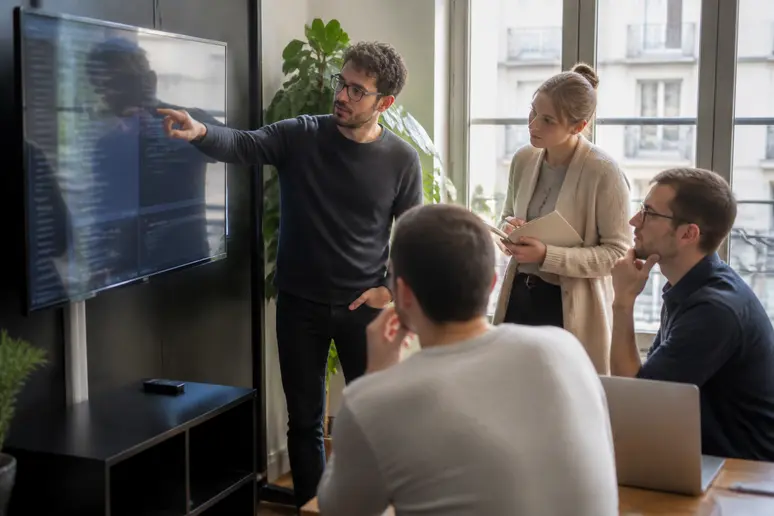 Des professionnels de l'informatique en France collaborent autour d'un écran, expliquant les principes d'automatisation des systèmes IT.