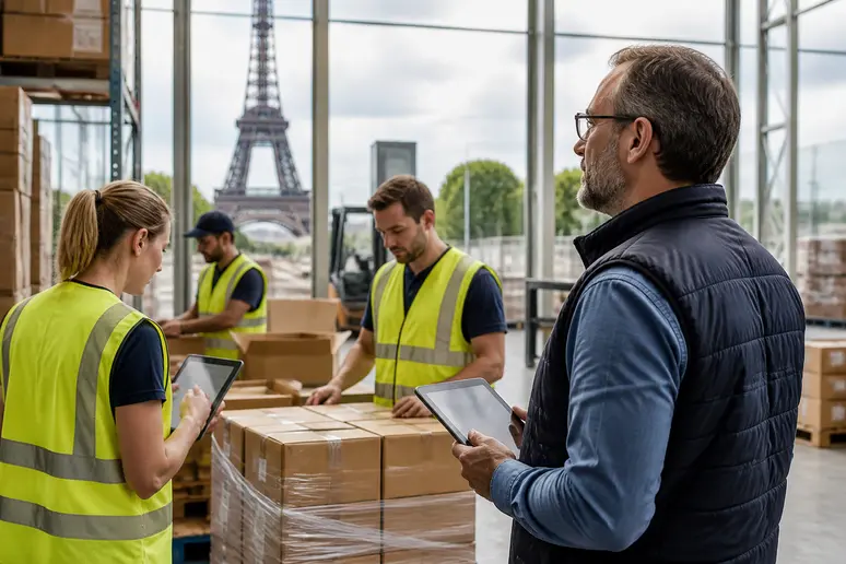 Un responsable en France supervise une équipe logistique utilisant des tablettes pour optimiser la gestion des stocks et des opérations.