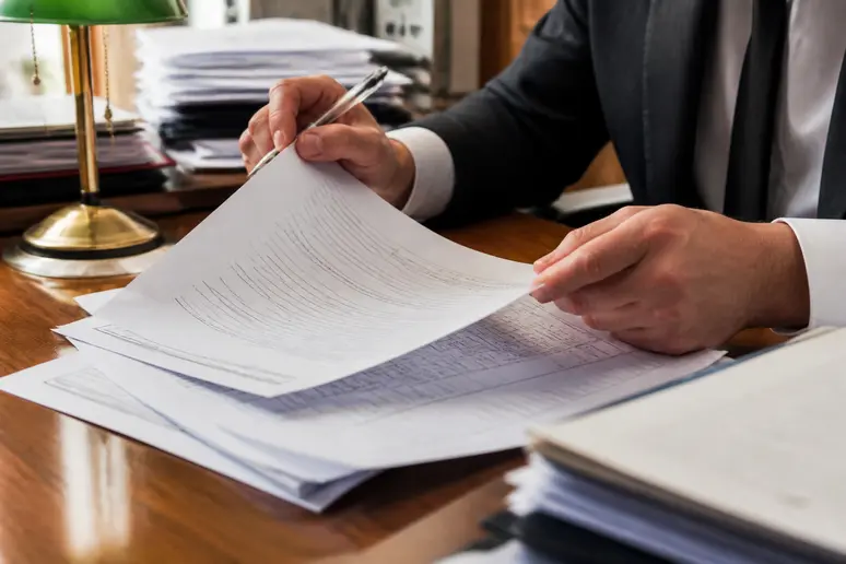 Les mains d'un avocat français examinent attentivement des documents officiels sur un bureau.