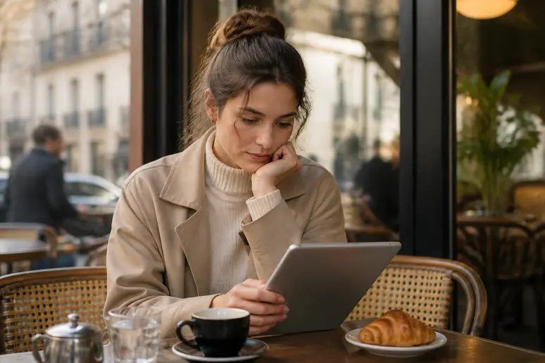 Une jeune Parisienne concentrée sur son budget dans un café, lumière naturelle du matin.