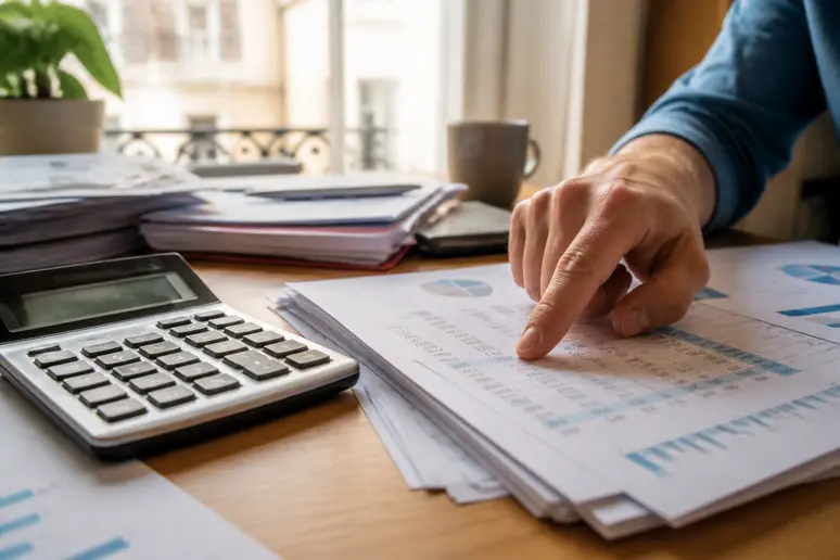 Mains analysant des documents financiers et une calculatrice, symbolisant l'impact de la fiscalité sur l'épargne.