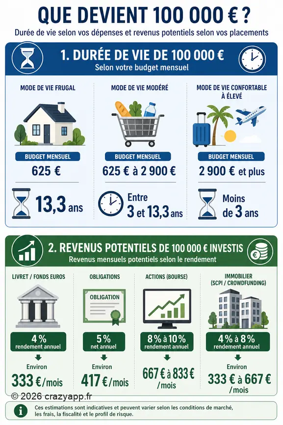 Infographie comparant la durée de vie d'un capital de 100 000 € selon les dépenses et les rendements des investissements.
