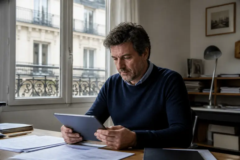 Un homme examine des documents financiers sur sa tablette dans un bureau à domicile, cherchant des solutions de crédit.