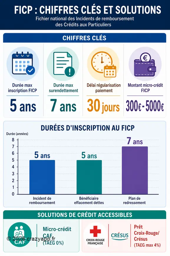 Infographie présentant les durées maximales d'inscription au FICP, les délais de régularisation et les montants des micro-crédits disponibles.