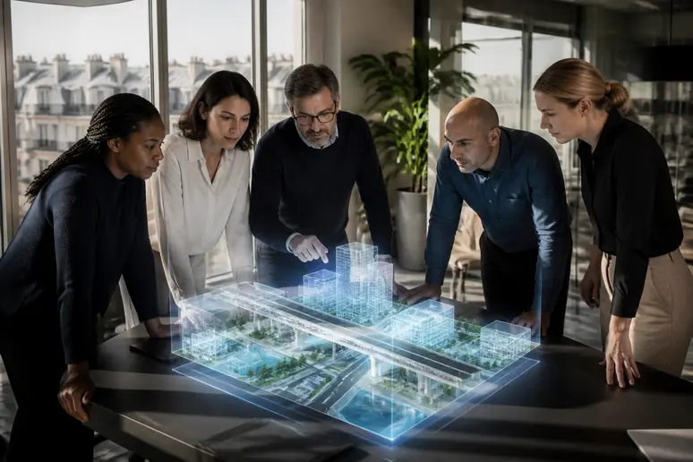 Ingénieurs français discutant d'un projet d'infrastructure innovant à Paris, en utilisant une projection holographique avancée.