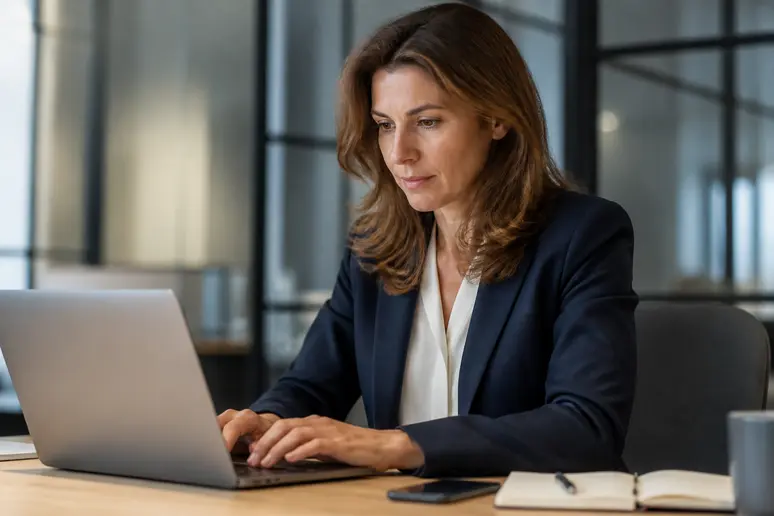 Professionnel français rédigeant un e-mail de suivi stratégique, se concentrant sur l'ordinateur dans un cadre de bureau lumineux.