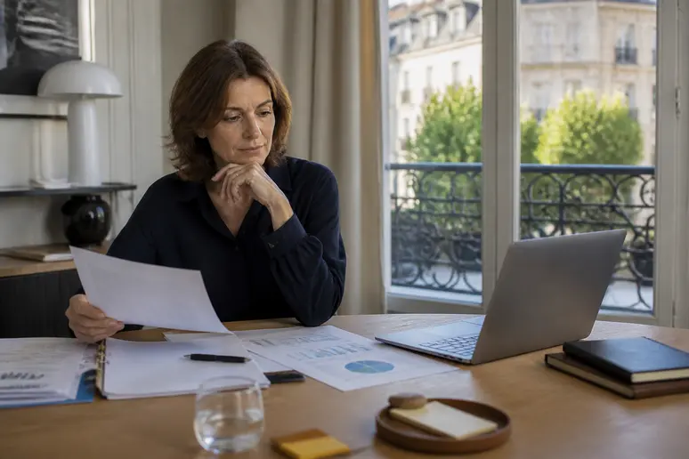 Une femme d'affaires parisienne examine des documents financiers et des données boursières dans son bureau à domicile.