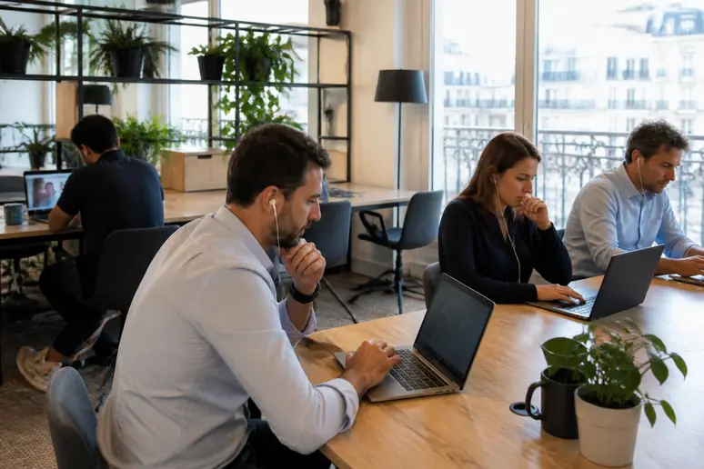 Des professionnels français dans un espace de coworking parisien participent à des visioconférences sécurisées sur Jitsi Meet.