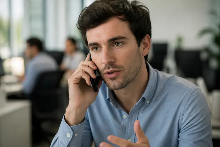 Un jeune professionnel français au téléphone, appliquant avec assurance la méthode CROC lors d'un appel professionnel.