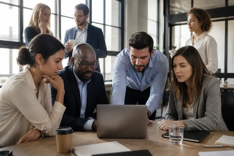 Des employés européens échangent autour d'un écran d'ordinateur affichant des données clients dans un bureau moderne.
