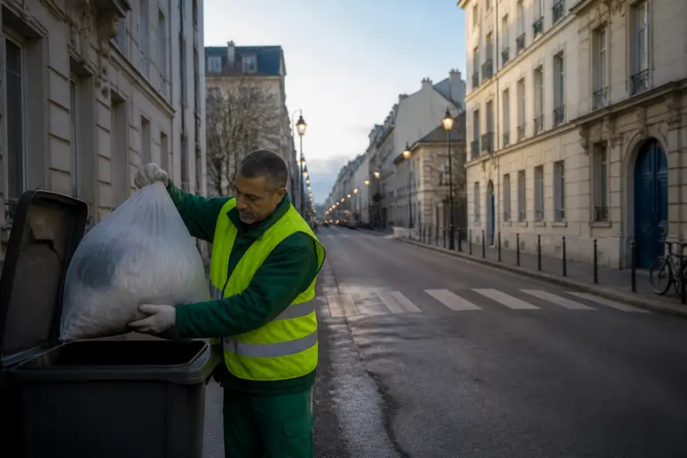 Un ripeur français, équipé de son gilet fluorescent et de ses gants, charge méticuleusement des sacs poubelles dans un camion en début de matinée.