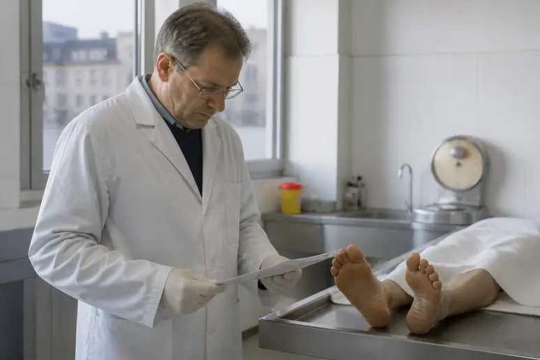 Un médecin légiste français, en blouse blanche, examine attentivement un dossier médical dans une salle d'expertise, symbolisant la rigueur de sa profession.