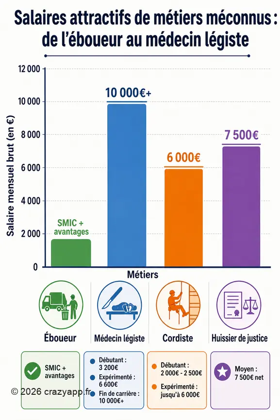 Comparaison des salaires mensuels de l'éboueur, du médecin légiste, du cordiste et de l'huissier de justice.