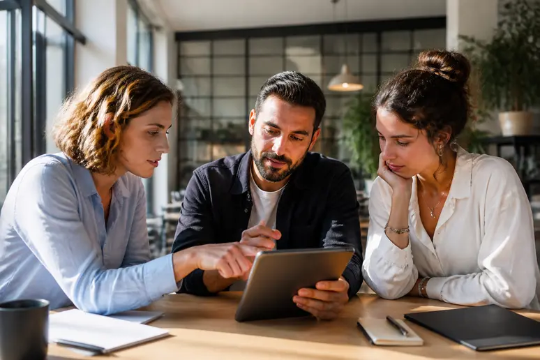 Des professionnels français discutent autour d'une tablette présentant des graphiques de gestion de projet, illustrant l'importance des formations.