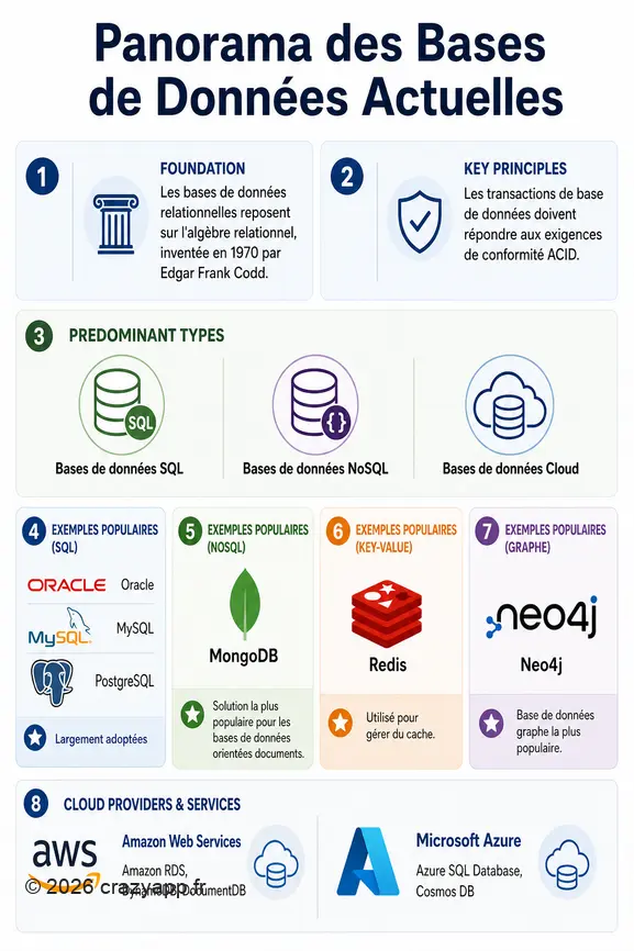 Infographie présentant les différents types de bases de données, leurs principes et des exemples populaires par catégorie.