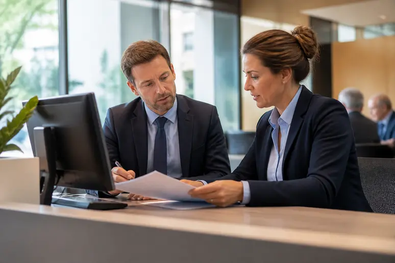 Deux employés de banque français collaborent, examinant des documents et un écran pour assurer la vérification des chèques.