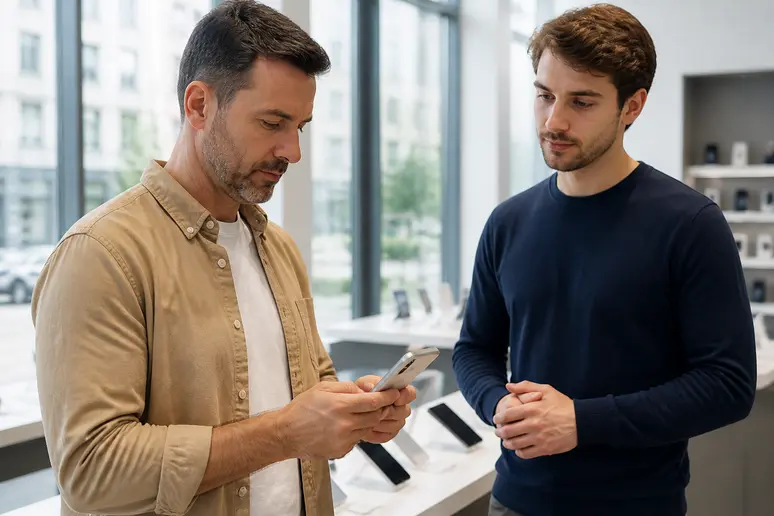 Un client examine attentivement un smartphone reconditionné dans un magasin, une scène d'achat sur back-market-avis.