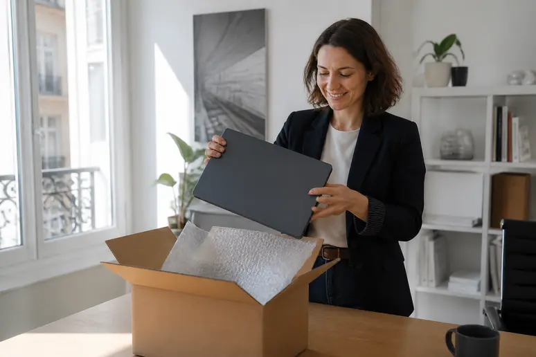Un dirigeant d'entreprise déballe un ordinateur portable reconditionné, un avantage back-market-avis pour les professionnels.