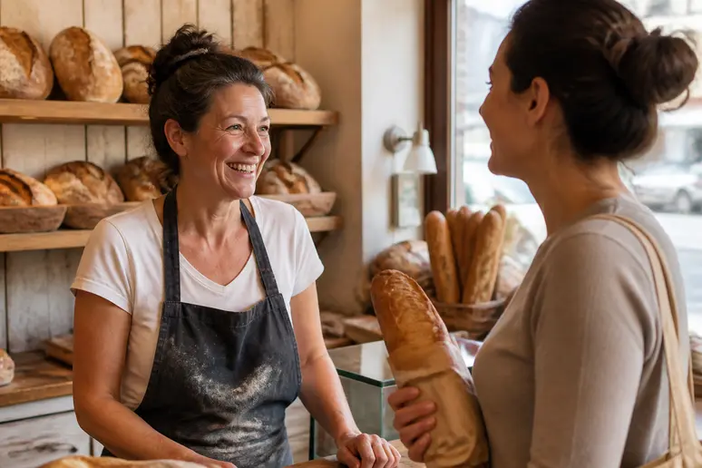 Un boulanger français discute avec une cliente dans sa boutique, illustrant l'adaptation de la stratégie marketing locale.