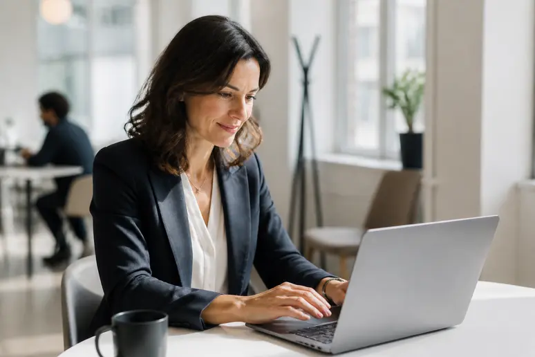Une femme d'affaires parisienne concentrée sur son ordinateur portable dans un espace de coworking lumineux, souriant discrètement en tapant.