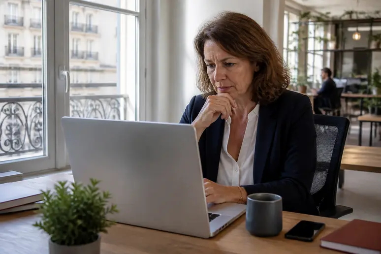 Femme vérifiant des informations sur CTQui sur son ordinateur dans un bureau moderne à Paris.