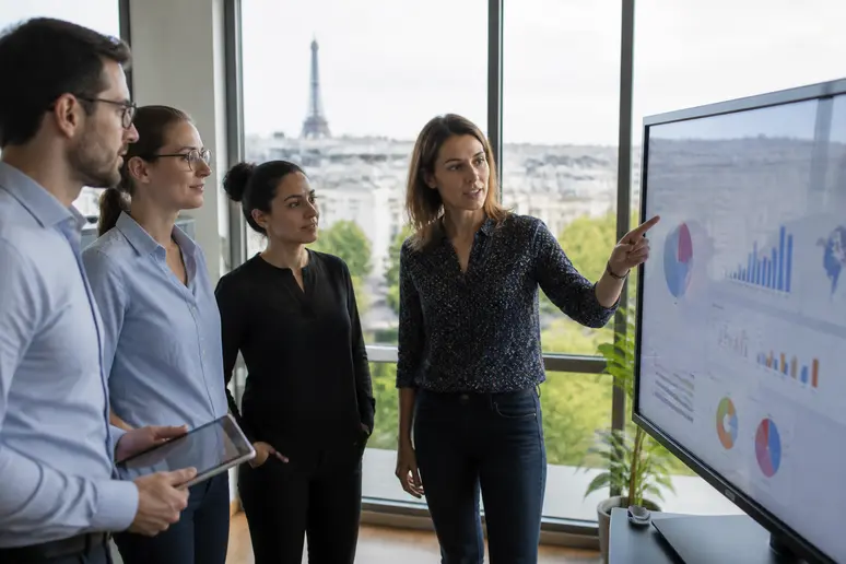Professionnels RH analysant les tableaux de bord de gestion gesform-evolution dans un bureau français moderne.