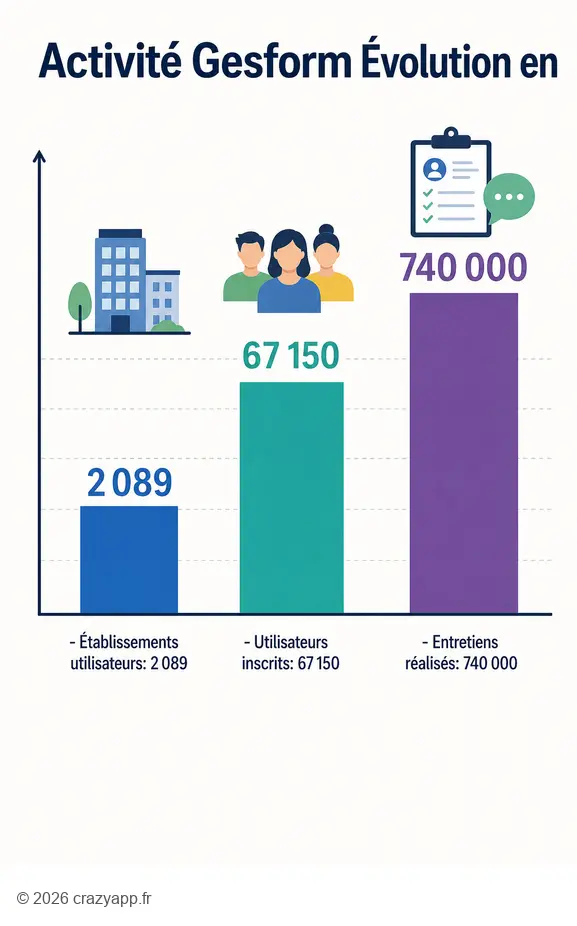 Visualisation de l'utilisation de Gesform Évolution : établissements, utilisateurs et entretiens.