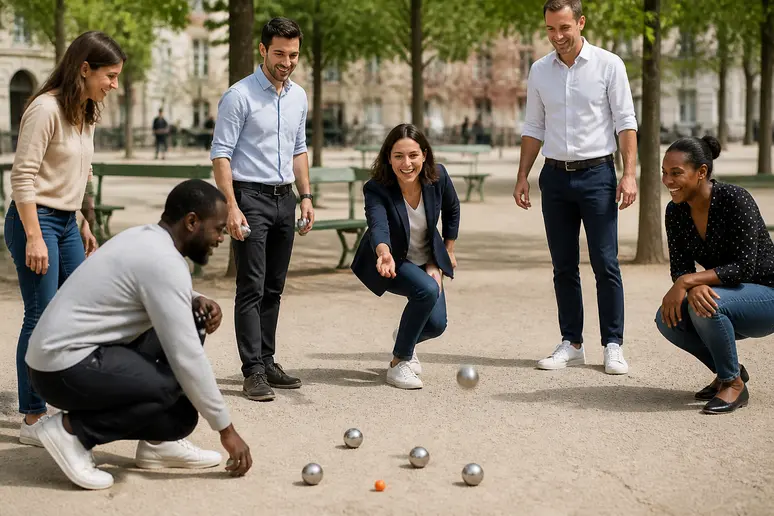 Des collègues français participent joyeusement à un jeu de plein air pour renforcer leur esprit d'équipe et améliorer la communication.