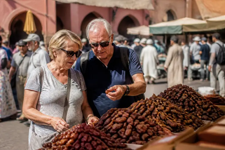 Couple de retraités français explorant les épices dans un souk, parmi les-10-pays-qui-attirent-le-plus-de-retraites.