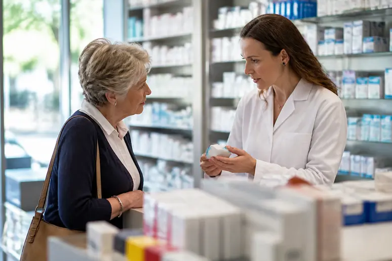 Retraitée française échangeant avec un pharmacien, illustrant les-10-pays-qui-attirent-le-plus-de-retraites.