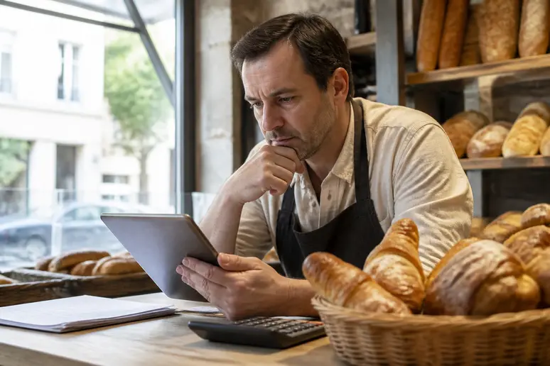Propriétaire de boulangerie parisienne examinant le coût du logiciel-de-caisse-prix sur tablette.