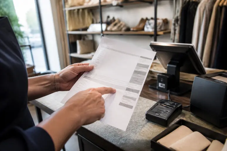 Mains d'un commerçant pointant des frais additionnels sur une facture logiciel-de-caisse-prix.
