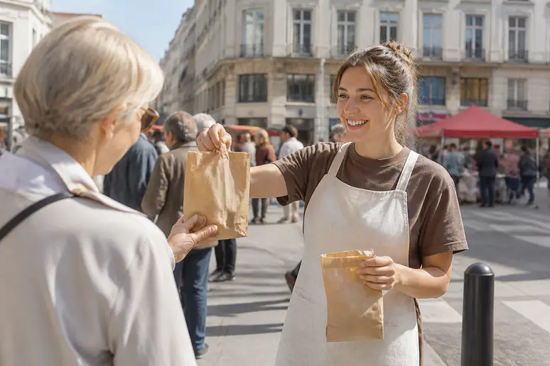 À Lyon, une jeune femme distribue des sacs publicitaires contenant des échantillons, créant un contact direct et engageant.