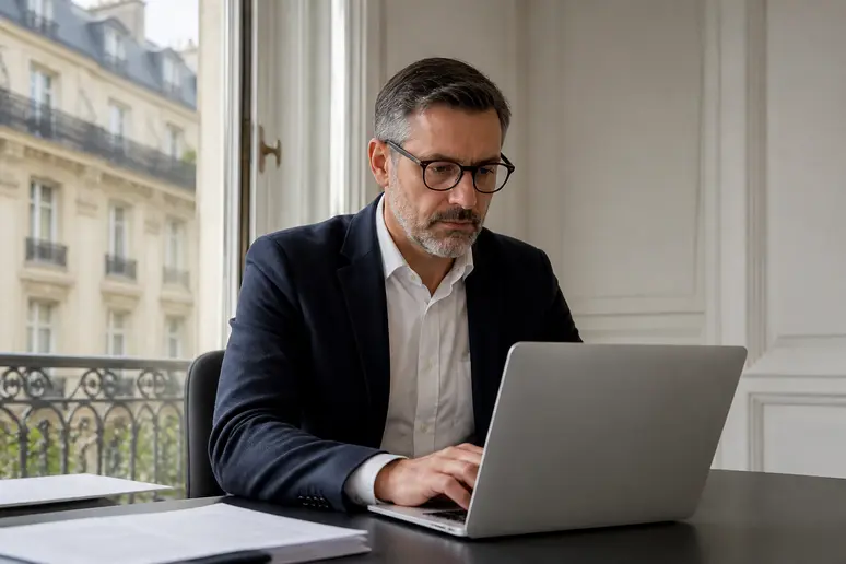 Professionnel français se connectant à son compte myzimbra via un ordinateur portable dans un bureau.