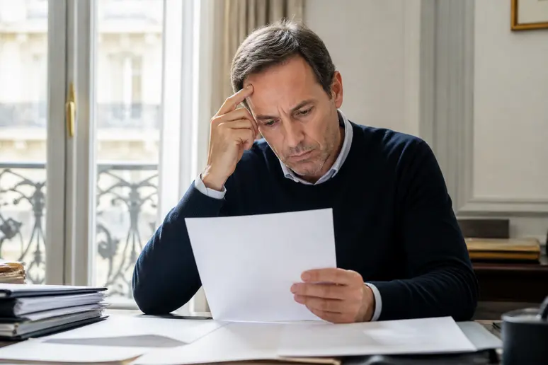 Un employé français examine attentivement un document dans son bureau, exprimant une légère inquiétude face à une potentielle modification de ses conditions de travail.
