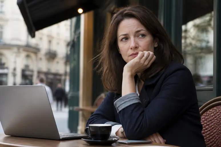 Une femme réfléchit à une table de café parisien, songeuse face aux possibles répercussions d'une décision professionnelle délicate concernant une reprise d'entreprise.