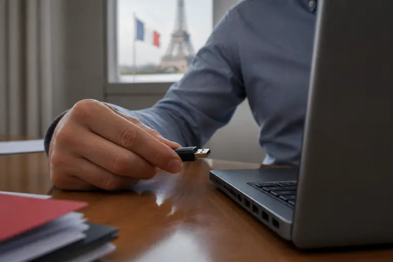 Main insérant une clé USB dans un ordinateur, quelles-actions-sont-susceptibles-dinfecter-un-ordinateur et se propager.