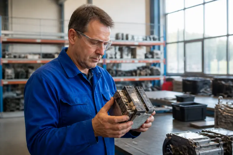 Un technicien français expérimenté inspecte une pièce industrielle reconditionnée dans un atelier moderne, garantissant la continuité des opérations.