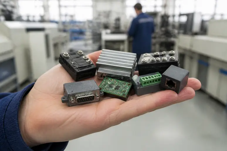 Un employé de l'industrie française examine des composants électroniques reconditionnés, soulignant la fiabilité et la garantie de 2 ans.