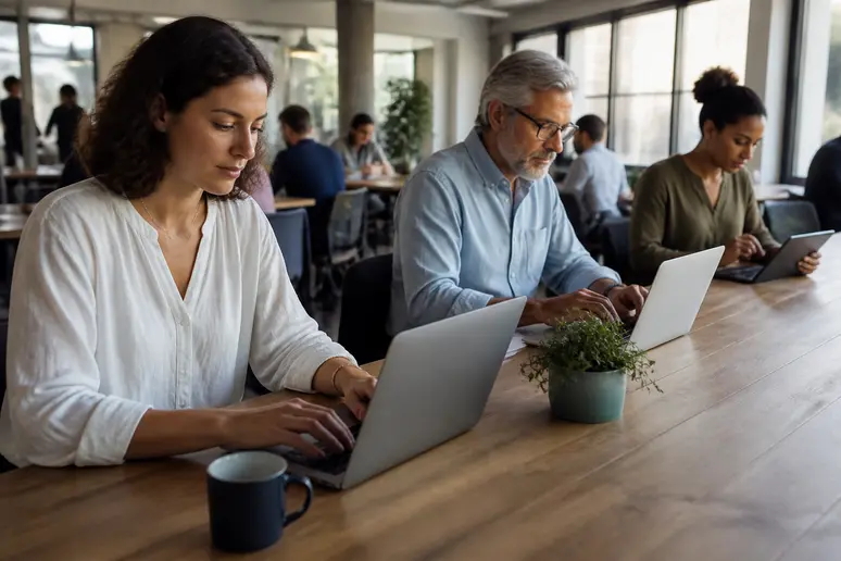 Des citoyens français variés votent sereinement sur leurs ordinateurs portables et tablettes dans un espace de coworking lumineux, illustrant l'accessibilité et la simplicité du vote électronique moderne.