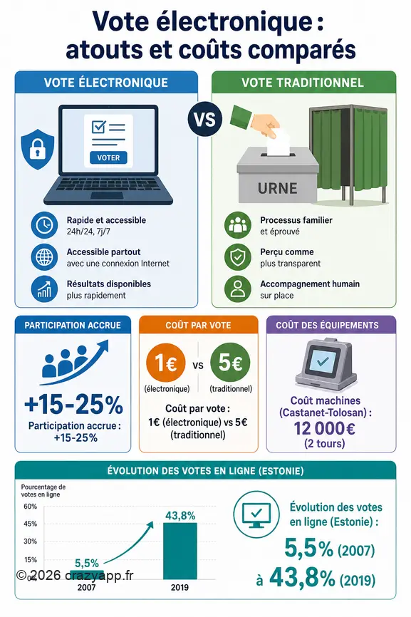 Infographie comparant le vote électronique et traditionnel en termes de participation, de coûts et d'évolution.