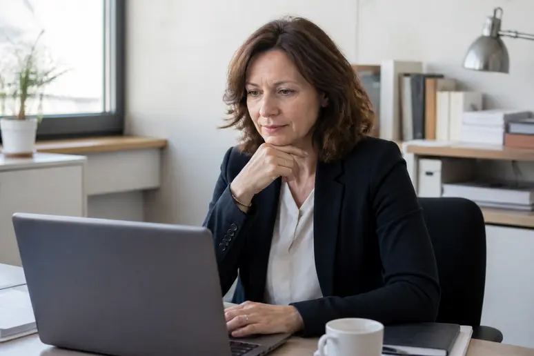 Femme d'affaires française travaillant sur l'optimisation SEO pour une astuce visibilité en ligne PME.