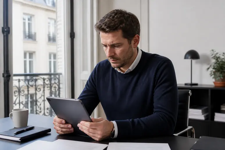 Propriétaire de PME à Paris consultant les données d'un audit cybersécurité PME sur sa tablette.