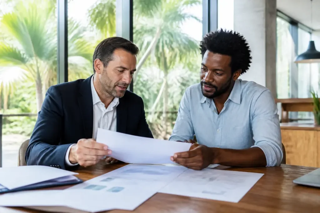 Conseiller et entrepreneur analysant des dossiers administratifs pour les services accompagnement entreprises Guyane dans un bureau lumineux