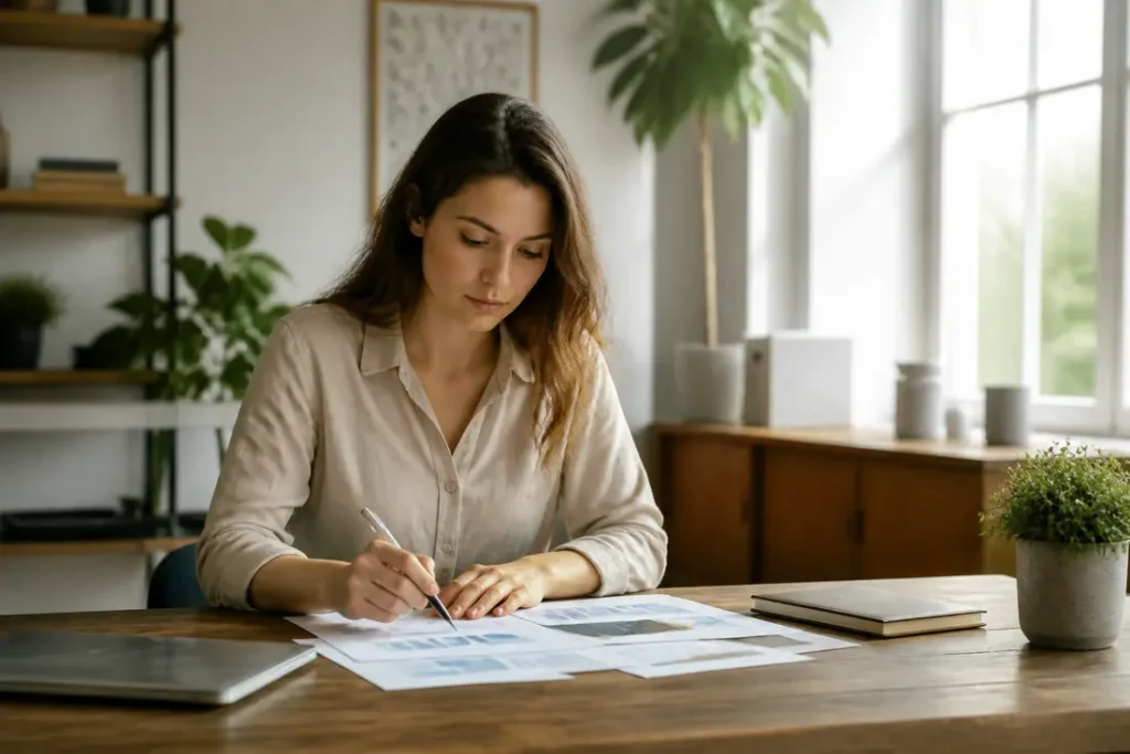 Une jeune femme travaille dans son bureau à domicile, réfléchissant à combien gagne un youtubeur avec 500 000 abonnés.
