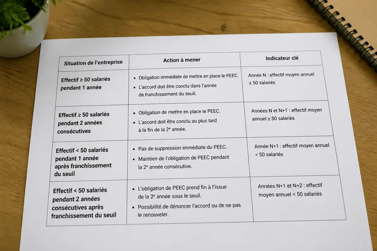 Tableau illustrant les obligations des entreprises concernant le seuil de 50 salariés pour la PEEC.